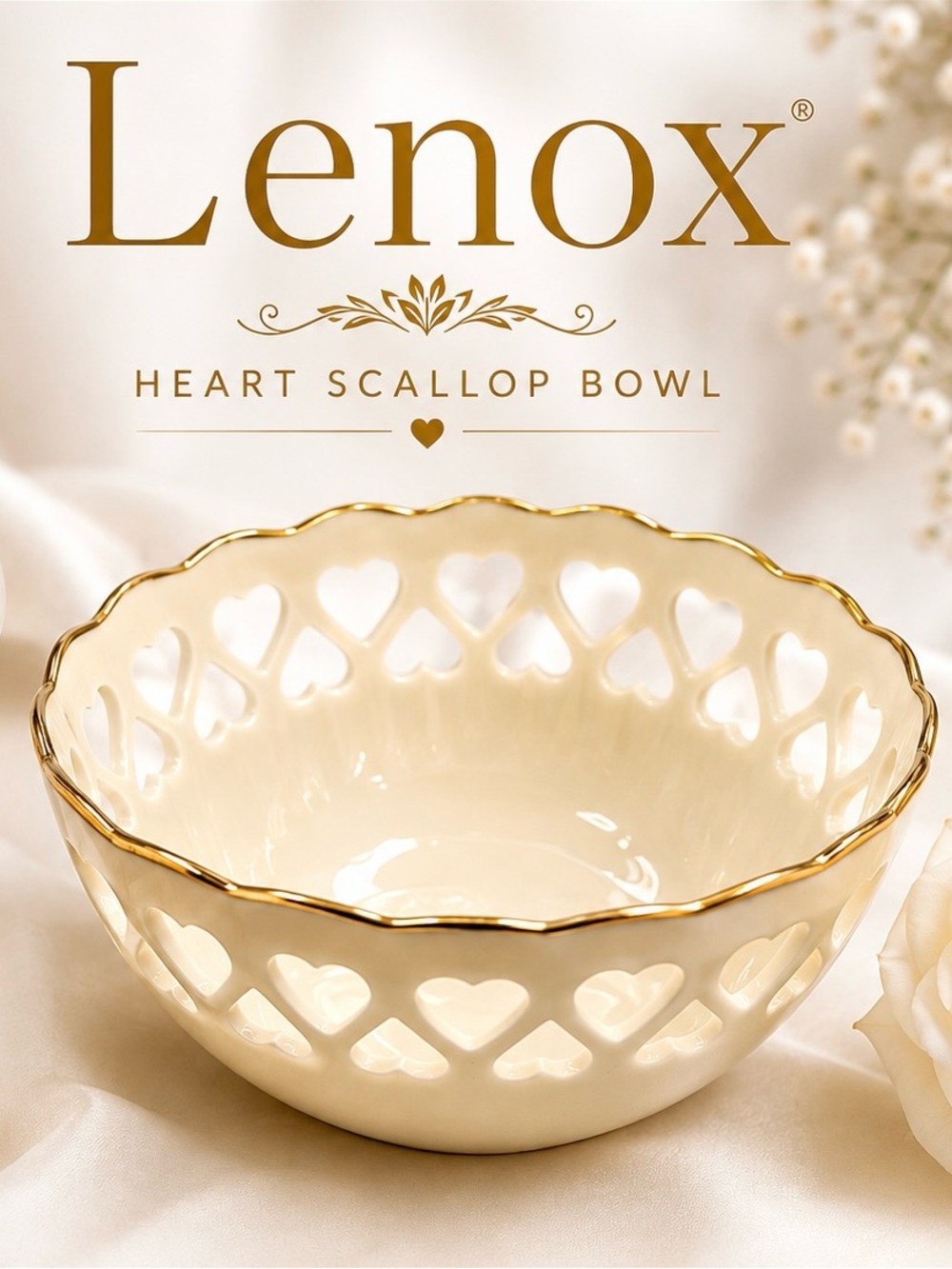 Vintage Lenox Ivory Pierced Heart Bowl with Gold Trim